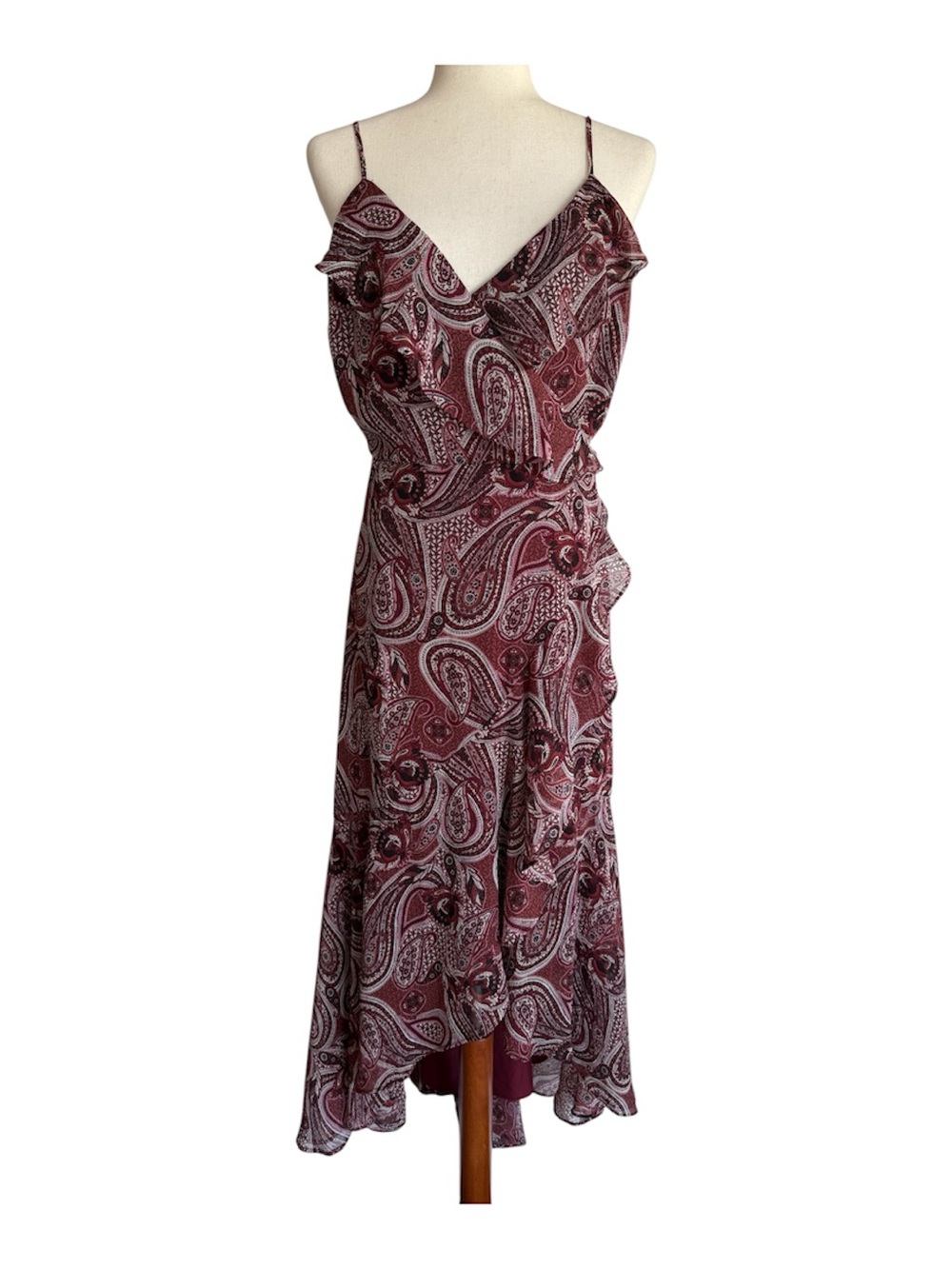 Express Paisley Ruffle Maxi Dress Red Ruffle V-Neck Spaghetti Strap Large - Picture 2 of 15